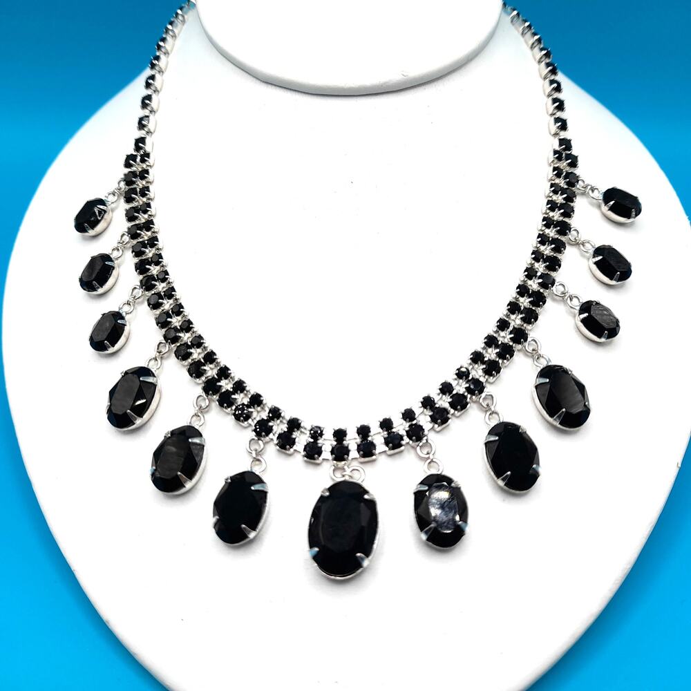 Vintage Style Black Rhinestone Dangle Necklace, Silver Tone, 18 1/2 Inches